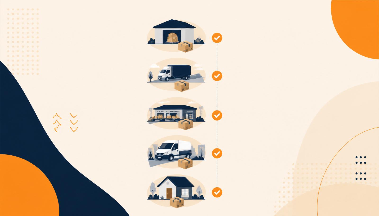 Infográfico vertical mostrando as etapas de status de uma encomenda: postagem, trânsito, triagem, saída para entrega e entrega